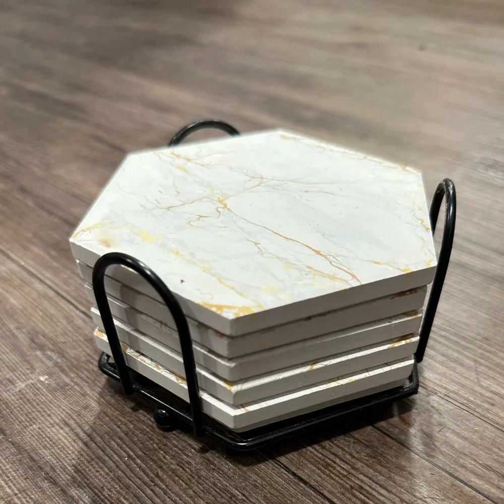 Hexagonal Marble Coasters with Holder